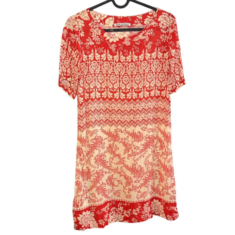 Novella Royale Red Cream Floral Paisley Rayon‎ Mini Shift Dress Small USA